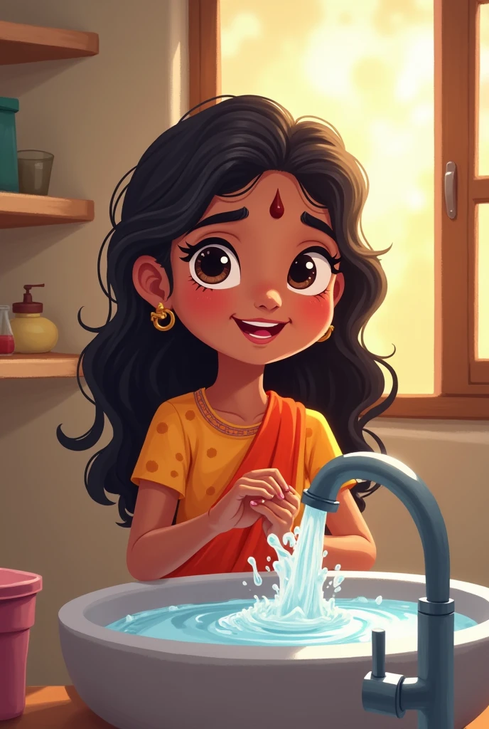 A young indian girl cartoon about 10 years of age washing face in the morning to go to school.