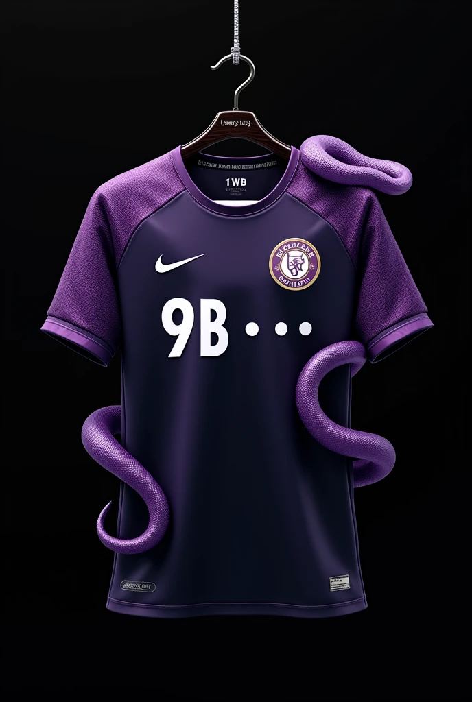Make a football shirt on the left side is printed Nike and on the right side 9B on a hanger with black background, with a Nike patterned design
And a detailed purple snake