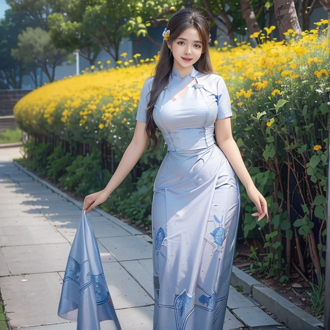 Burmese girl A smiling face with attractive curvy full body. Friends full-length bikini, (white 🤍 +blue 💙 dress) reflective long dress painted with flower patterns, only dress. hi gh hips High resolution High resolution natural background High resolution HD 3D, 8K cartoon anime
