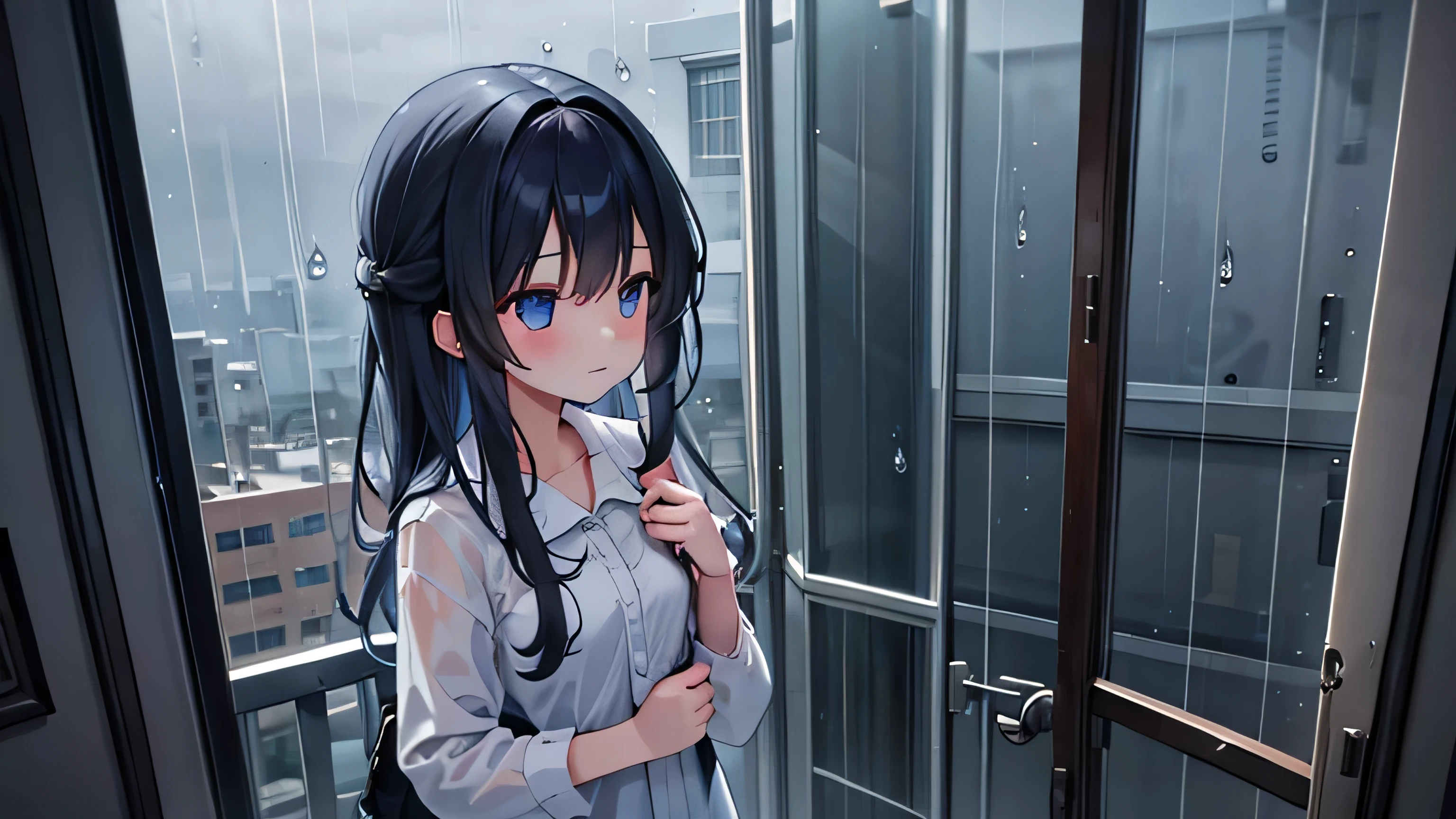 A girl watching the rain from her room