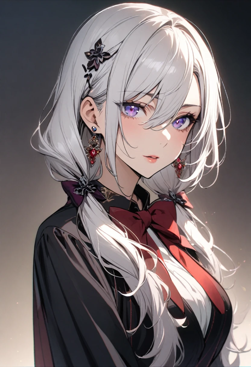 girl, mature, white hair, diamond earings, long hair, low twin tails, red bow on hair, two color eyes, one blue eye, one purple eye, adult. front face, mature