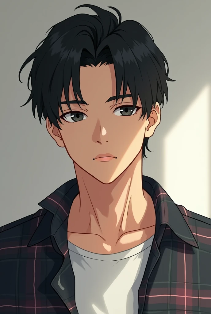 25-year-old white anime boy, black hair parted on the side with little volume at eye level, wearing an open casual plaid button-down shirt with a regular shirt underneath, neutral expression with black eyes, with a strong and defined physique, less cute front photo