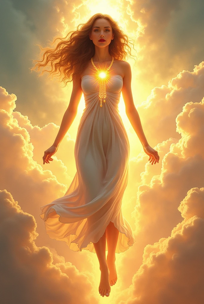 
a goddes woman that is floating in the sky, she looks like a dream. Her hair is long and curly, pointed nose, innocent face, red lips, have a beautiful body, smart, have a necklace shaped like a sun, her eyes are yellow. Her powers are light, she can heal, and can control light. Her attitude is kind, brave, and helpful on her people