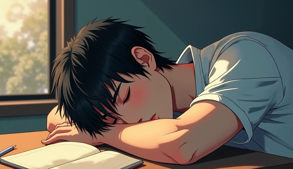 realistic manhwa art, a man is sleeping on the table, his characteristic is black comma hair