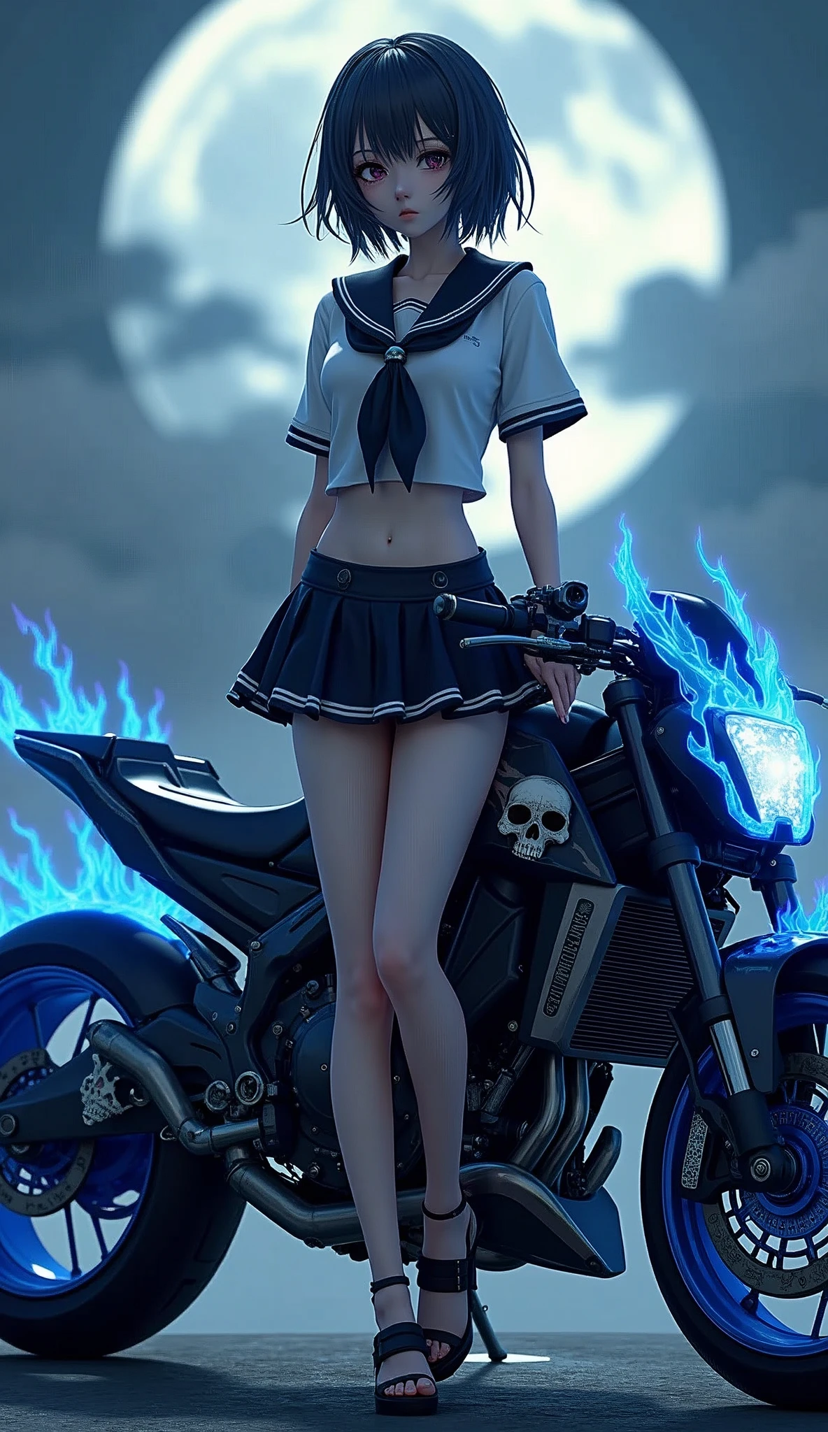 -yeld Wa posando na frente de uma motocicleta futurista, the motorcycle has skulls and blue flames highly detailed 3D graphics, night scenery with full moon in the background, she is wearing a Uniform with 3D skulls and flames and Sailor Miniskirt, Pantyhose, HDR, epic realism, high-octane rendering, obra de arte,