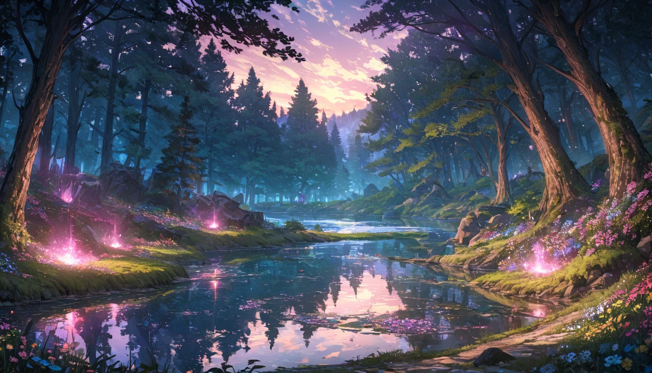 (light magic:1.2), (dark:1.1) forest, spring, (intricate details), mirrors,(Ultra-detailed), 8k hdr, high details, many fine details, high quality,Tyndall effect, (a lake the color of:1.3)