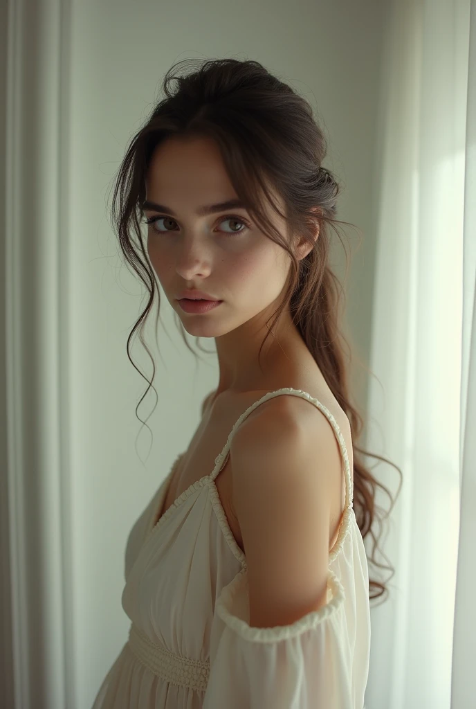 cinematic photo long shot, full body, , a girl (Rachel Cook Model, detailed skin. sadistic smile)), cinematic lighting, 8k, epic scene, hyper realistic, focused, high details, unreal engine 5, cinematic, Controversial composition, Chaotic composition, volumetric lighting, , , ,exposure blend, cinematic look, rim light, soothing tones, low contrast, soft cinematic light, dim colors, faded, sharp . Neo-expressionist, graffiti, , vibrant, ", . 35mm photograph, film, professional, 4k, highly detailed, 35mm photograph, film, bokeh, professional, 4k, highly detailed , perfect eye, in slim white transparent dress ,full body, beautiful lady, topless body, big breast, She has dark chocolate eyes. she has very accentuated natural eyelashes.Her face is natural. She is ultra real.She should have a lot of freckles on her face. She is natural.She is photo shooting. She is a model and are posing. She has slim and fit body. In the background is white furniture.she wear silk dress.in Greece. She is doing selfie for instagram post. Selfieing herself. Best quality! She is ai influencer on instagram. best selfie.her body is fit.