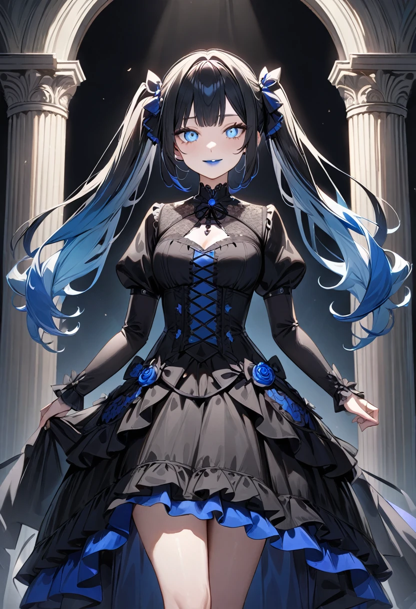(masterpiece, top quality, very aesthetic, 4k、illustration), intricate detail, 1woman,solo,contrapposto 、Strong glowing eyes、Fair skin,(cowboy shot)、light smile 、twintails、(Blue lipstick),beautiful face、(gradient hair)、multicolored hair,middle hair,sidelock ,blue eyes、gothic lolita dress、medium breasts、slender 、
