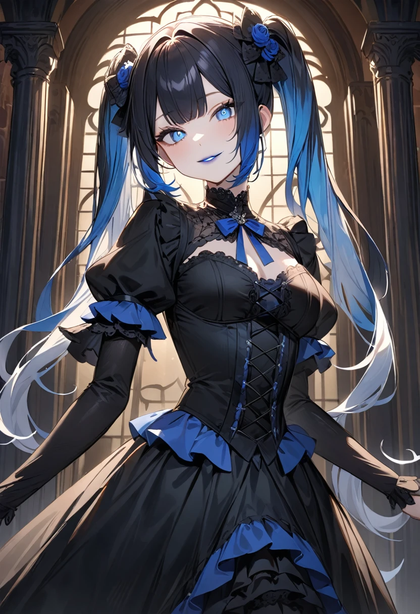 (masterpiece, top quality, very aesthetic, 4k、illustration), intricate detail, 1woman,solo,contrapposto 、Strong glowing eyes、Fair skin,(cowboy shot)、light smile 、twintails、(Blue lipstick),beautiful face、(gradient hair)、multicolored hair,middle hair,sidelock ,blue　eyes、gothic lolita dress、medium breasts、slender 、