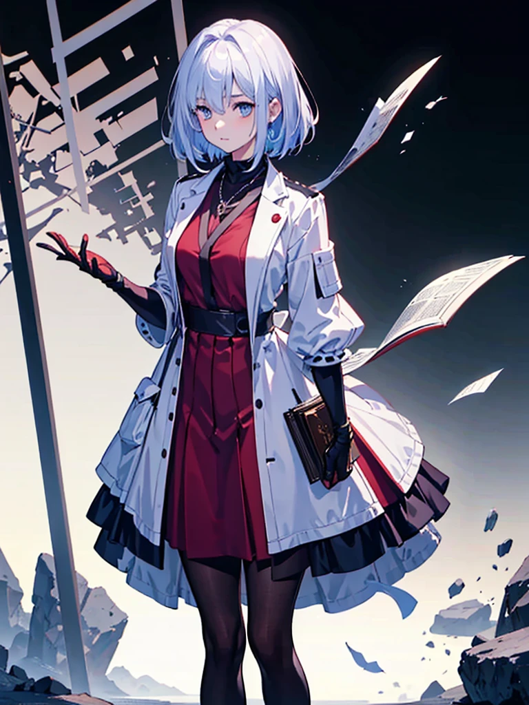 Young face, tall, Attention,In the spotlight,(Colored Background), (Highly detailed CG Unity 8K wallpapers, masterpiece, Highest quality, Very detailed, Best Shadow), (Detailed Background), White jacket,Medium Hair, ,arms(Giant gauntlet),alone ,Pale Hair,Pale eyes,One person, sketch (Character design sheet, same characters, whole body, Three-View, front, ~ ~ side, return), alone