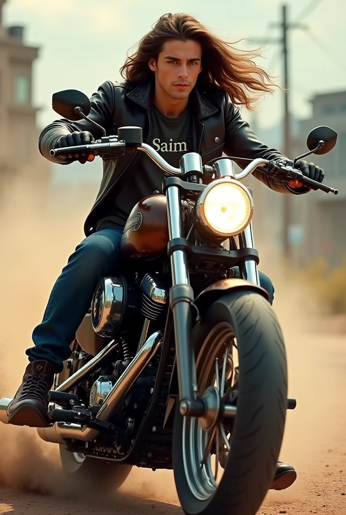 Handsome boy on heavy bike silky brown long hair name on shirt saim