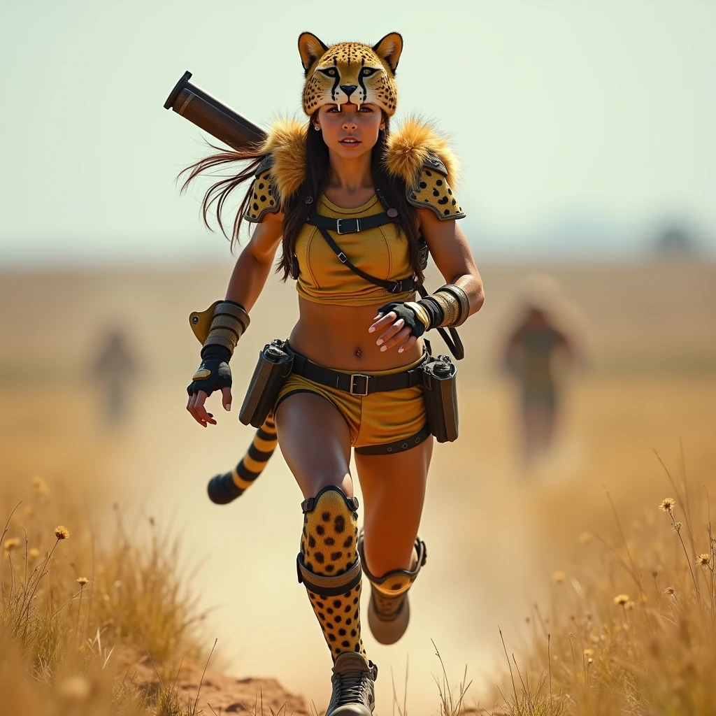 Wide angle of a full body of a beautiful warrior girl , wearing sportswear, with a cheetah pattern on her skin, small fangs sticking out from her upper lip, armor adorned with golden fur on her shoulders and knees and head, she has a cheetah-like tail, her hands have claws. carring a short gun at her back , realistic, running fast in a big wide savannah, natural light, documentary photo award