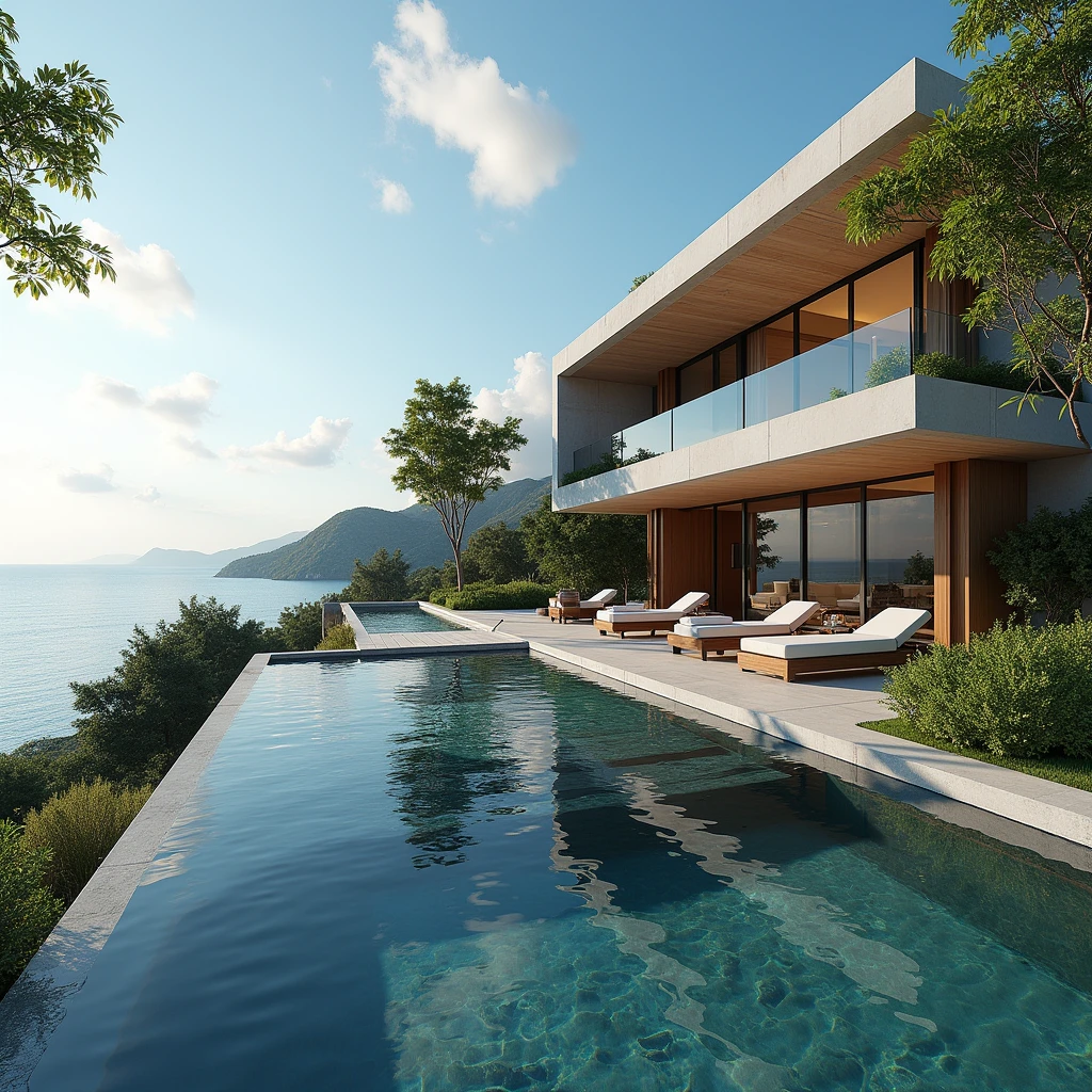 Build me a beautiful villa in a beautiful country and where it is secluded with a beautiful view of the sea and a beautiful car and everything should be very luxurious 
