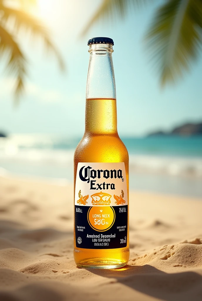 photography realistic, announcement, from front view, Products, A realistic Corona Extra Long Neck 330ml Beer, soft light and blurred background, beach scenery, High details, sharpening, sharp contrast, focus on the Products,