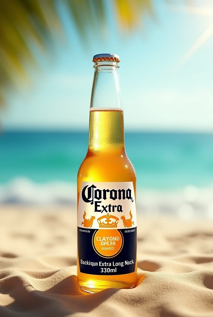 photography realistic, announcement, from front view, Products, A realistic Corona Extra Long Neck 330ml Beer, soft light and blurred background, beach scenery, High details, sharpening, sharp contrast, focus on the Products,