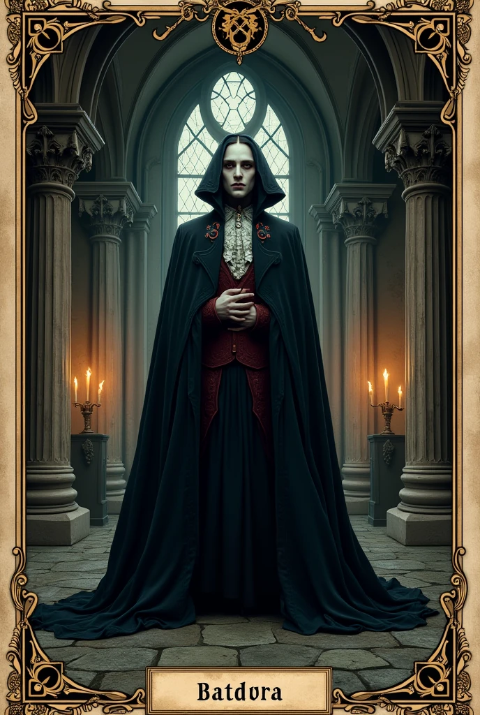vampire alone in a dark castle, vintage_style, masterpiece, tarot_card_style, retro_posters, tarot card