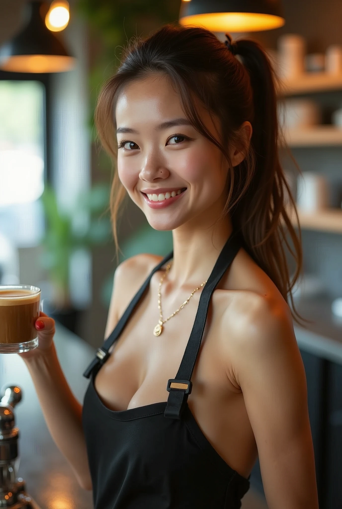 (Completely naked:1.4)、(Perfect Anatomy:1.4)、（Realistic, photo-Realistic:1.37),(8k, RAW Photos, Highest quality, masterpiece:1.2),  Very detailed, 超High resolution, Kodak Vision Color, Filmed with an Arricam LT camera,Highest quality, Vibrant, 8k, High resolution, run away, (Professional Lighting), (Portraiture:0.6), Brown Hair,22 years old、thin、Cafe Staff、Stylish cafe、おしゃれなCafe Staff、ponytail、Barista、coffeeを作っている、Inside the store、Japanese、Upper body close-up、smile、coffee、
