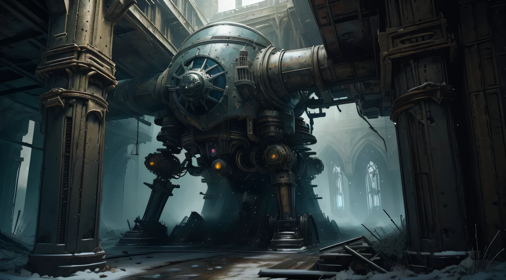 medieval science fiction,High risk,Mysterious world,dark and gritty,advanced technique,Castle in ruins,Damaged machinery,the crumbling walls,overgrown vegetation,Mist air,intense atmosphere,hidden ancient artifacts,Otherworldly creatures lurk,corroded metal structure,Dying sun,Blue sky,Etched luminous symbols,Cross-dimensional portals,energy crackle,hooded figure,Medieval knight with cybernetic enhancements,enchanted weapons,Powerful magic,Secret societies,Epic battle scenes,Ominous existence,unfathomable power(Best quality at best,4K,8K,A high resolution,tmasterpiece:1.2),ultra - detailed,realisticlying,HighDynamicRange,Studio lighting,professional,vivd colour.