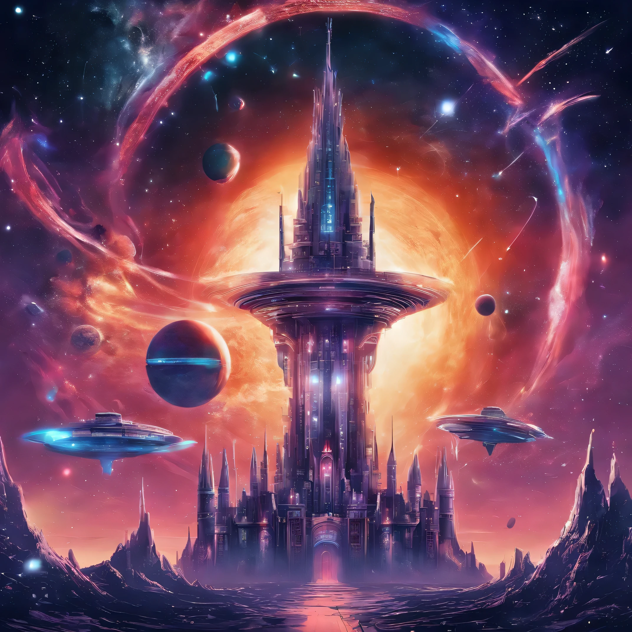 A futuristic science fiction world, this huge castle in space has no concept of up or down. An upside-down castle, a space fortress, a space port, a giant cluster of antennas, (Best quality), (masterpiece:1.3), No ground, outer space, space opera, Ferris wheels, gears, weightlessness, Dutch angles,