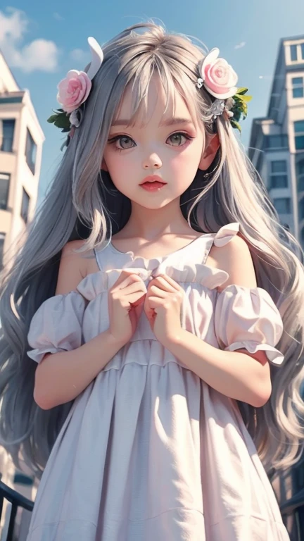 detailed, realism, 4K, , 顔のdetailed, Big yellow eyes, Fuller lips, nose pointed upwards, Grey hair with pink strands, Wearing a white dress, Rabbit in hand, Background Flowers, white butterfly in the foreground, Realistic shooting, Depth of written boundary, Soft front light, Shine, High resolution (Calm colors: 1.2), Canon RF 100mm F2.8L Macro ISUSM