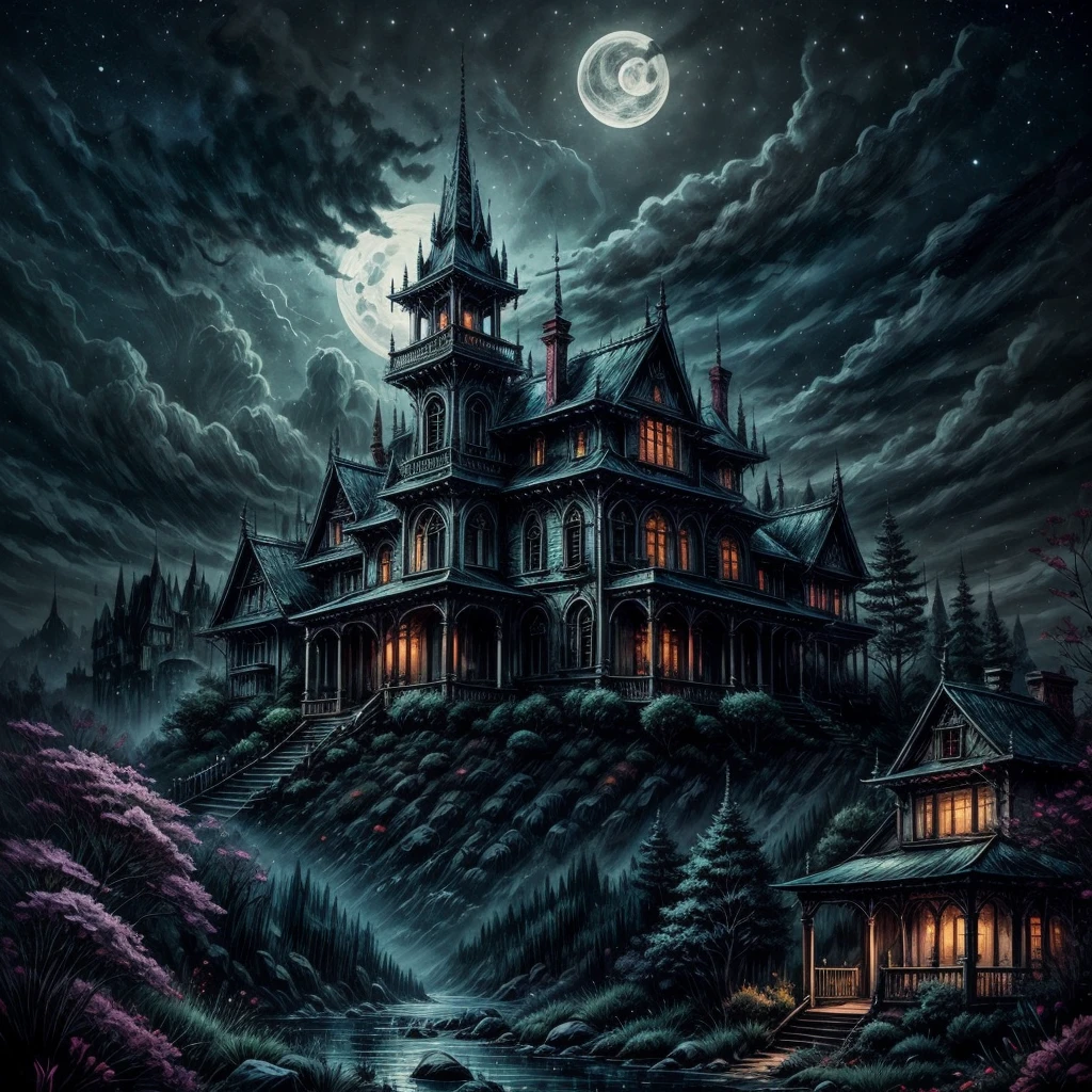 The Haunted Mansion,Night Scenery,Detailed,evil