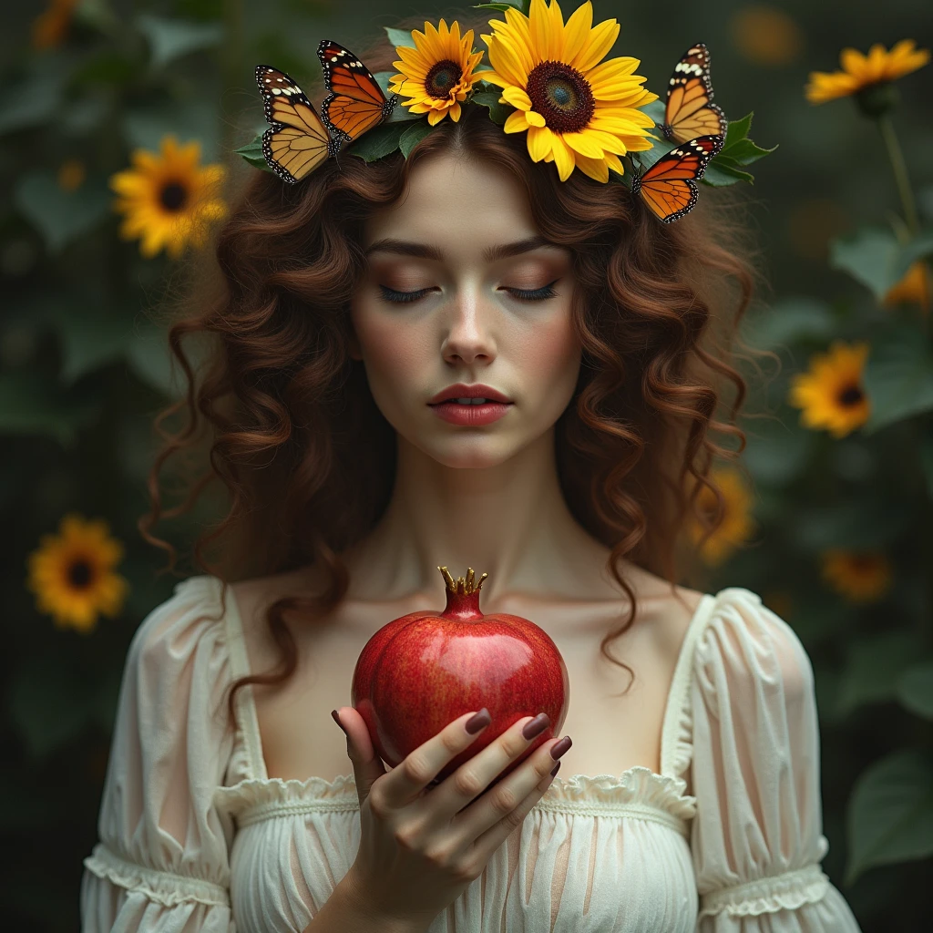 one women ,brown open curls ,white dress ,a red heart in the picture ,Pomegranate,butterflies ,sunflowers in the hair ,brown or closed eyes ,a hand to be seen ,poetic ,it should all make sense, not just be there , Victorian , Grim