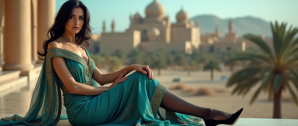 Create a picture of a sexy 40 years old lady in Arabia dress in color combination of blue, green and pink with black stockings in high heels.