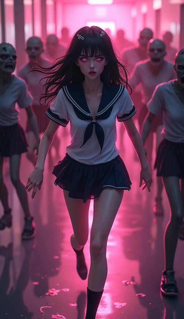 photorealistic,Realistic illustration in Modelshoot style,((masterpiece)),((The best quality)),((Ultra Quality)),((ultra detailed)),((1girl)),((Only)),((waifu:1.5)),Perfect anatomy,perfect hands,beautiful cuerpo,beautiful_method,ulzzang-6500-v1,e-chica,Exceptionally Beauty Waifu Princess Mary R. running terrified in a hospital being chased by a group of horrible and scary zombies,(((zombis,A crowd of horrible and terrifying zombies watching and running after her piled up with each other to catch up with her...))),in a cosplay,wet clothes,Sailor mini skirt,black socks,((bright-pink_eyes)),long wavy hair,hair clips,eyeliner,cute makeup,lipstick,Glossy lipstick,with a look of terror, worry and sadness,((eyes detallados perfectos)),rainy with fog outside,evening,pink theme,bioluminiscencia,light particles,((Extremely CG Unity 8K Wallpaper)),((cinematic lighting,Best quality lights)),intricate details,Suave,sharp focus,Extremely beautiful and aesthetic,Octane rendering,Full length portrait,damp skin,((Perfect detailed body)),