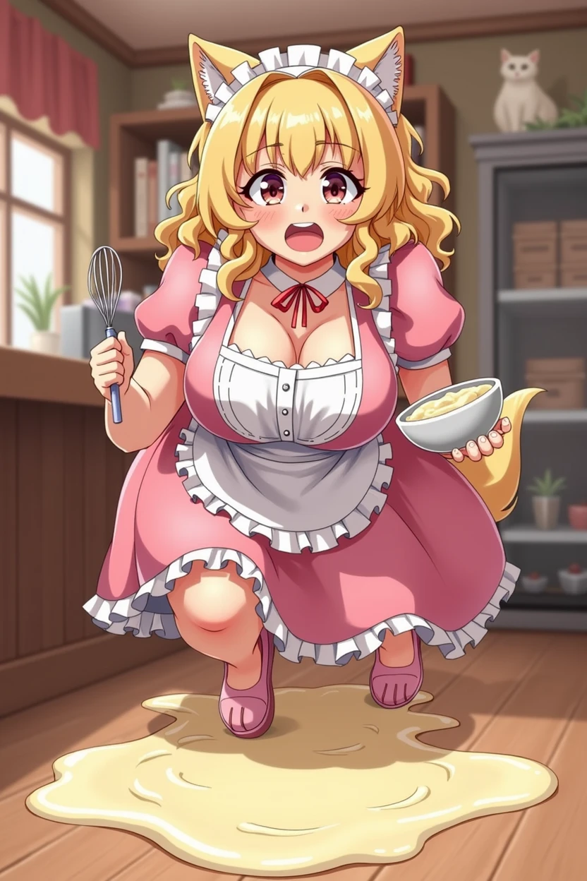 one dog-eared woman, blond curly hair, pink and white maid outfit, cat cafe, cafe, bakery, holding bowl full of batter, tripping towards camera, clumsy, action shot, falling towards viewer, spilling batter, whisk in hand, cute, dog tail, falling, cozy, big breasts