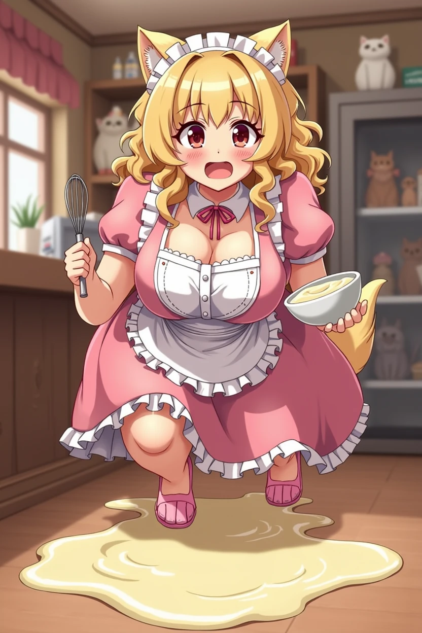 one dog-eared woman, blond curly hair, pink and white maid outfit, cat cafe, cafe, bakery, holding bowl full of batter, tripping towards camera, clumsy, action shot, falling towards viewer, spilling batter, whisk in hand, cute, dog tail, falling, cozy, big breasts