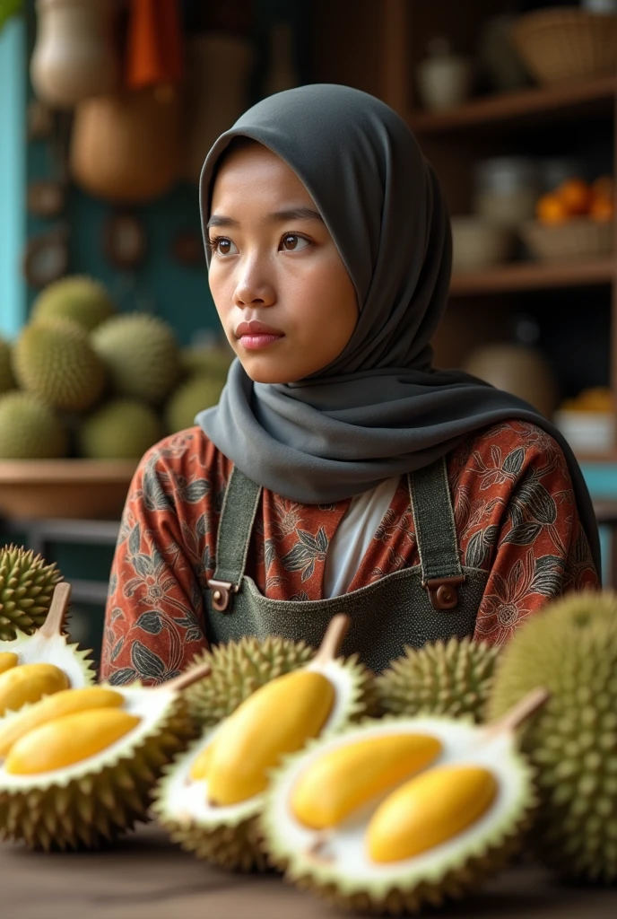a woman aged 17 yo wearing a hijab with long dress, sitting in front of a table full of a variety of durian, some durians is cut in a half placed in the transparent plastic food container, the durians texture looks real, some durians placed in the bamboo basket, wearing apron a traditional batik from java indonesian, 4k photography, connections, evokes delight, flowermarket, artsation contest winner, stunning photo-quality, traditional market indonesian, 1024×1024