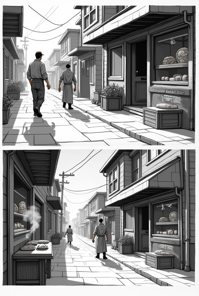 make comic panels in black and white. the sunrise at the bakery, baker opening his business