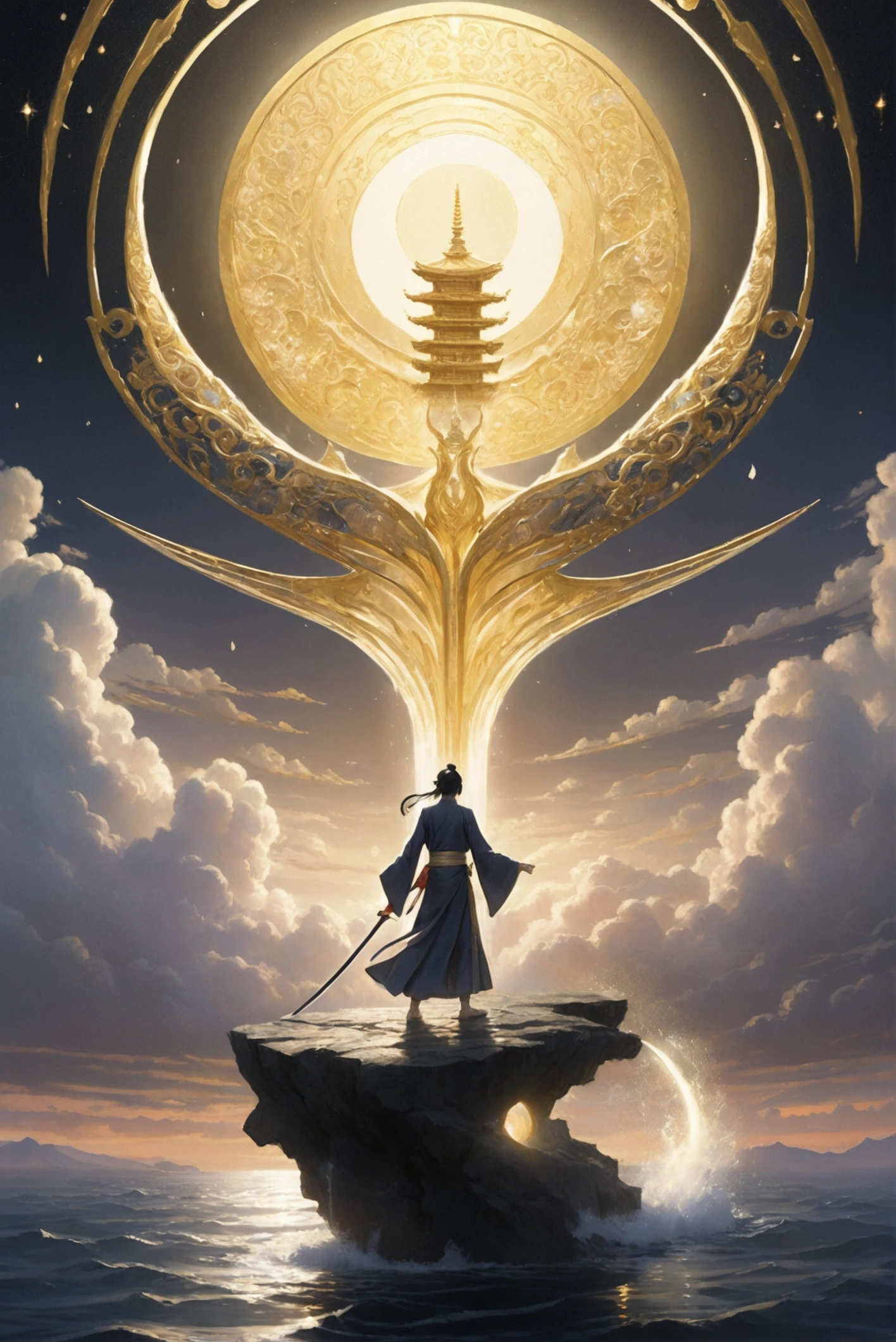 Prompt:
Izanagi and Izanami stand on the celestial bridge of heaven, which arches gracefully across the expanse of the sky. The bridge is crafted from shimmering stardust and glowing clouds, casting a gentle light on the dark, swirling sea below. Izanagi holds the heavenly jeweled spear aloft, its jewels sparkling brilliantly against the murky backdrop of the sea. As the spear pierces the waters, golden drops fall, creating ripples that gradually form the island of Onogoro. The scene captures the moment of transformation, with the sea slowly turning from a chaotic swirl to a peaceful, forming land.