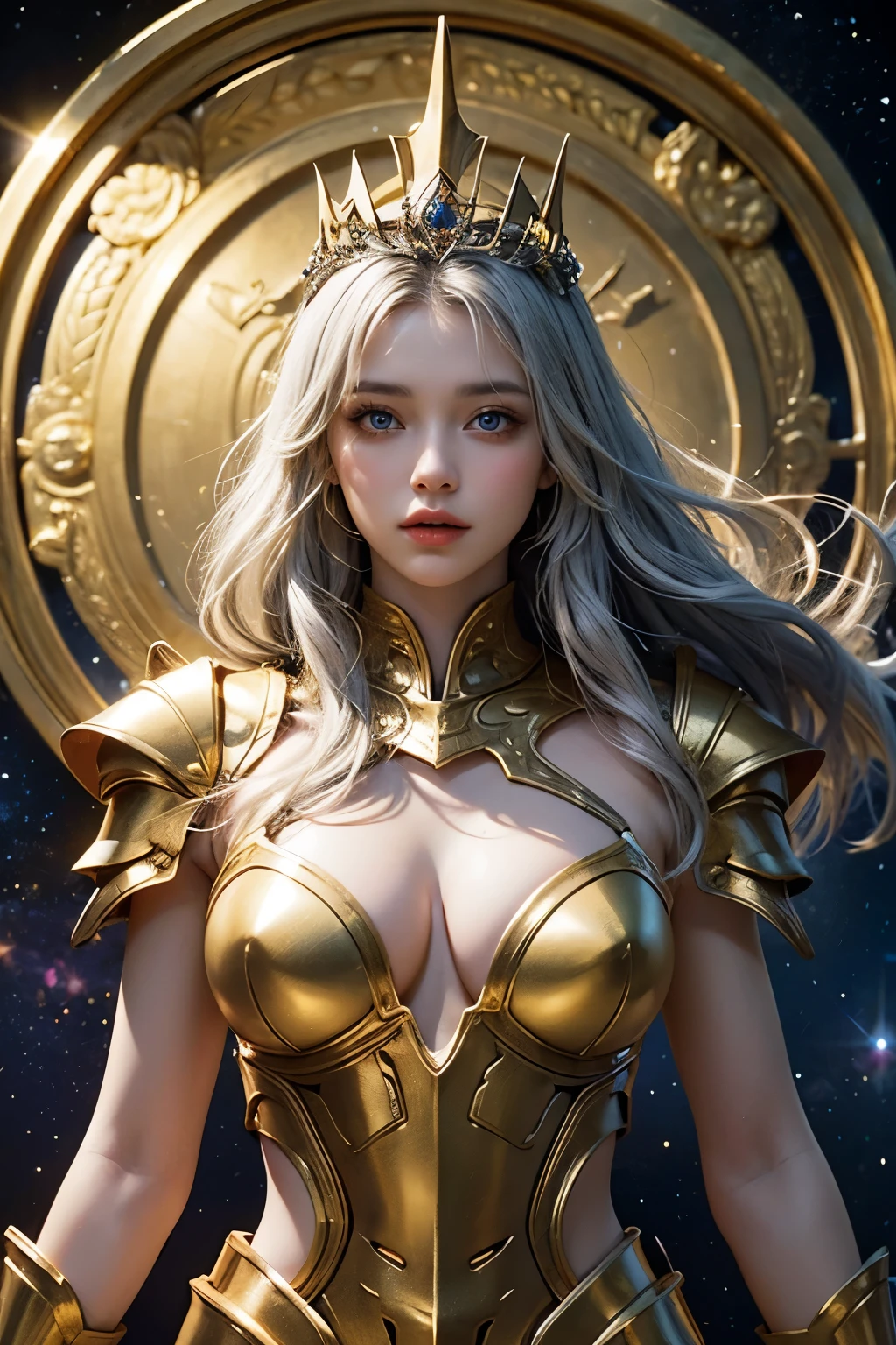 Ultra HD、Ultra-clear、Beautiful Face、Sagittarius Warrior、Covered entirely in golden armor、Holy knight in golden armor、Golden Tiara、Golden armor with ornate carvings covering the entire body、Heavy golden armor、Crystal clear blue eyes、Silver Hair、Big Breasts、Outer space background、