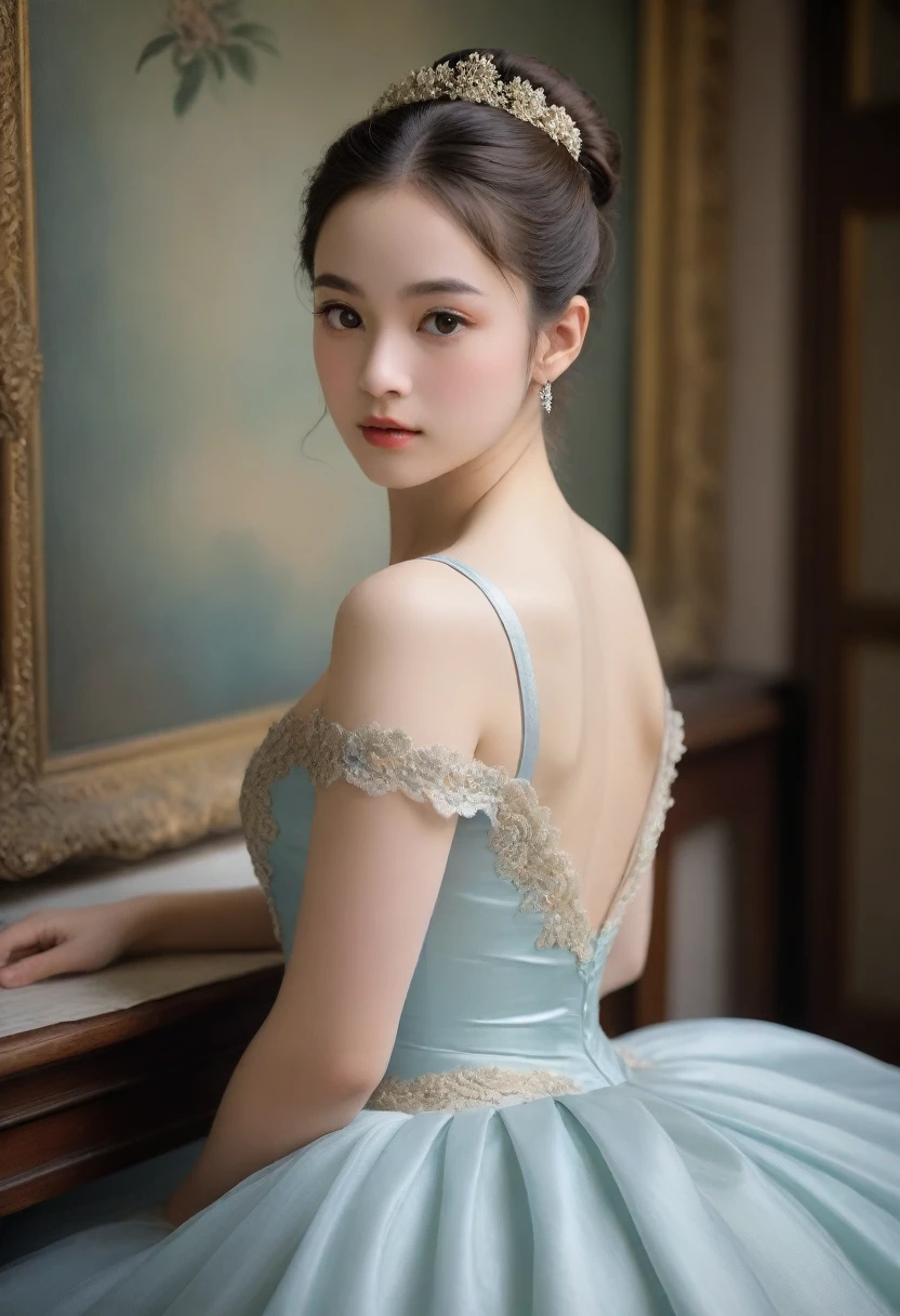 (High resolution,masterpiece:1.2),(Realistic:1.37)"(Highest quality, High resolution, Very detailed, Realistic),A beautiful portrait of a 19th-century ballet dancer, (She is half French and half Japanese., She is a stunning beauty with dark brown eyes and a high nose:1.1), Exquisite ballet costumes, Detailed facial features, Long and graceful neck, Long, flowing hair, Curled bangs, Calm and elegant posture, Soft and delicate lighting, Classical Oil Painting Medium, Vibrant colors, Delicate background with floral motifs"