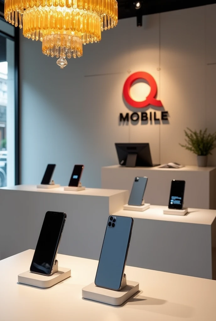 View of the reception shop of a mobile shop, with right left mobiles rage, gray or white accents, a warm yellow crystal chandelier, and a shop logo on the wall behind the reception desk, "Q MOBILE." ", there is right left mobiles on the stands, "Q" is red and "MOBILE" color is black, view front co camera,