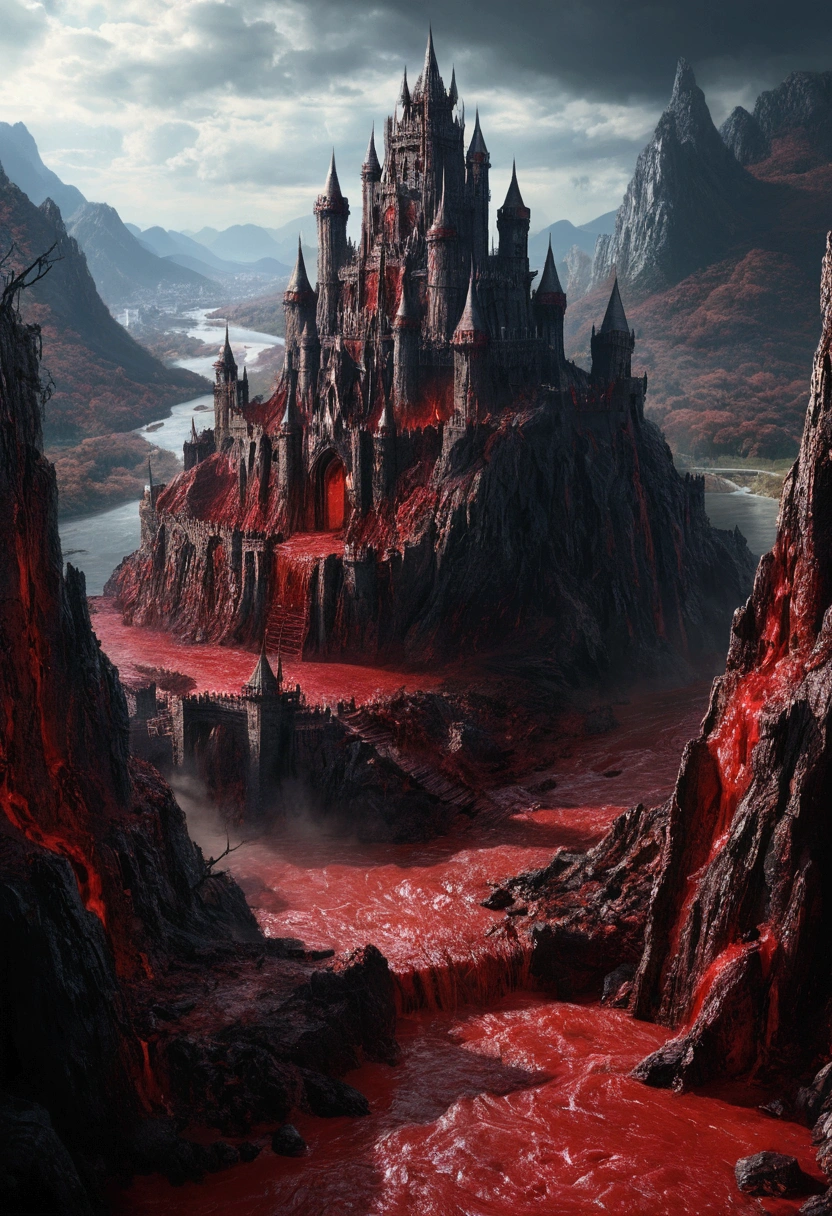 Scenery of the Demon World、The devil's castle towers、fear々A castle of a devil with a scary appearance、A river of blood flows、A huge mountain々can be seen in the distance、Realistic texture、High-detail images
