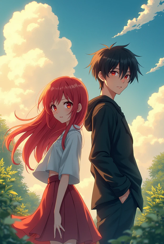 Anime boy and girl , red and black Hair, clouds plants sun light age 18 shining red eyes modern clothing