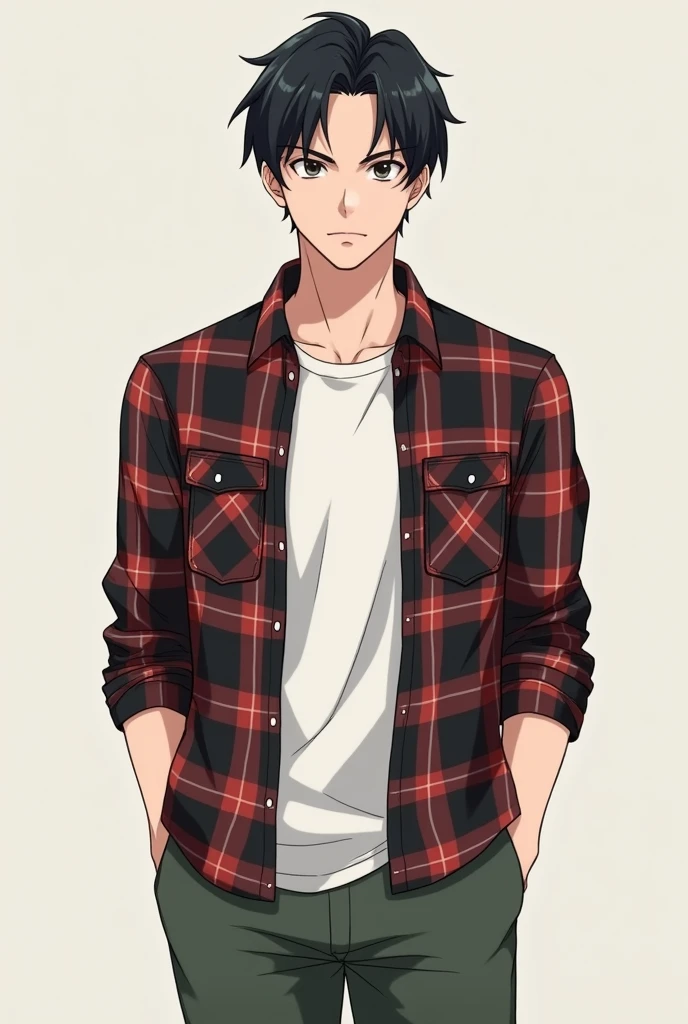 27 year old white anime boy, black hair parted on the side with little volume, side part at eye level, wearing an open casual plaid button-down shirt with a regular shirt underneath, neutral expression with black eyes, with a strong and defined physique, less cute full body front photo