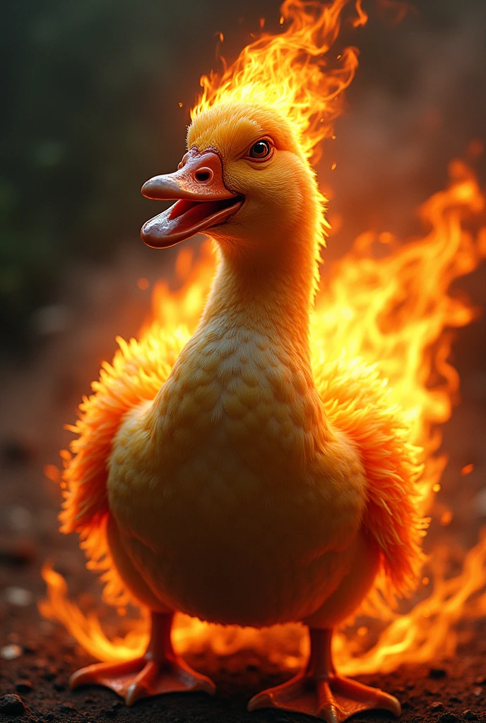 The duck is furious and on fire.