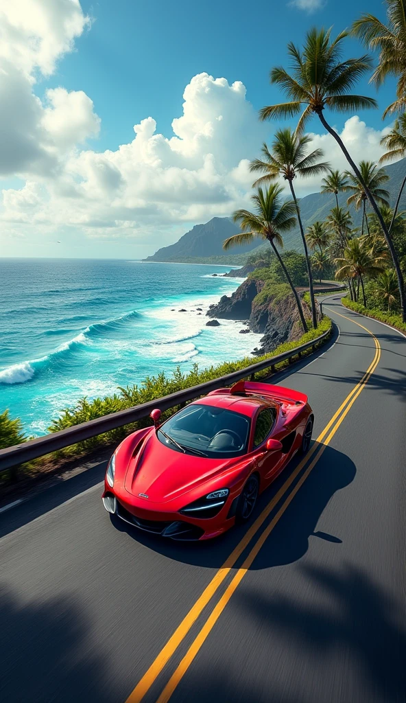 Masterpiece,Best composition,Dynamic composition,Bird's eye view,Hawaii,New red sports car on a curve of the coastline,contrast with asphalt pavement,wide asphalt road,fast driving,beautiful ocean,splashing waves,palm trees by the road,white clouds,clear sky.