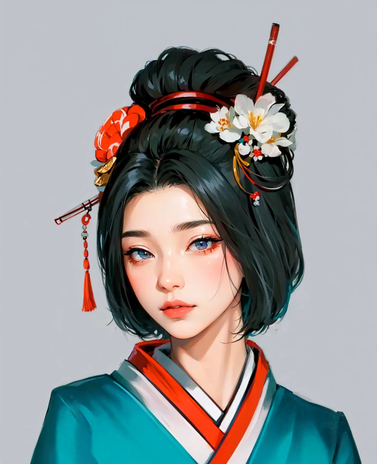 девушка в kimono, kimono в узорах. kimono, a geisha, красивая a geisha с темными волосами, a geisha стоит на облаках, character, красивый character, a geisha в красивом kimono, digital painting