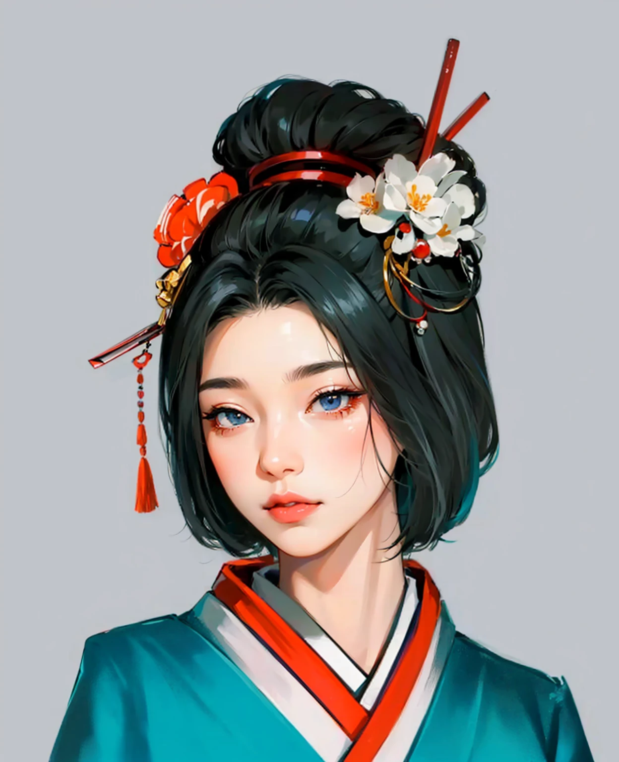 девушка в kimono, kimono в узорах. kimono, a geisha, красивая a geisha с темными волосами, a geisha стоит на облаках, character, красивый character, a geisha в красивом kimono, digital painting