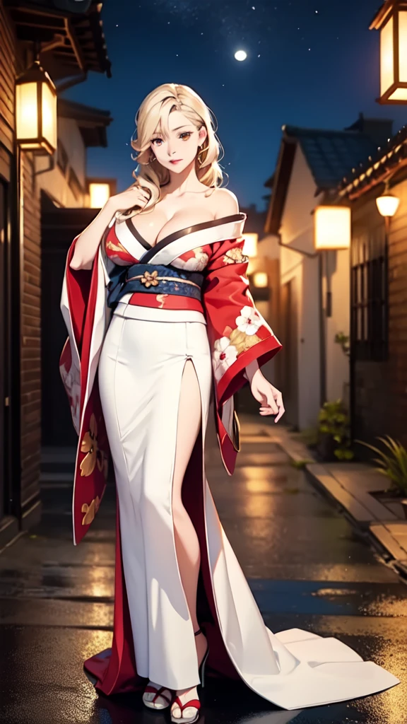 florence_alicia, huge_breasts, standing, solo, kimono, masterpiece, best quality, detailed face, detailed eye,best, 1girl, mature_lady, , long hair, , full body shot ,off the shoulder, cleavage,big breast:1.5,body facing front,eyes on viewer,leaning on front, thigh-high kimono, standing straight , straight hair,face straight,night sky