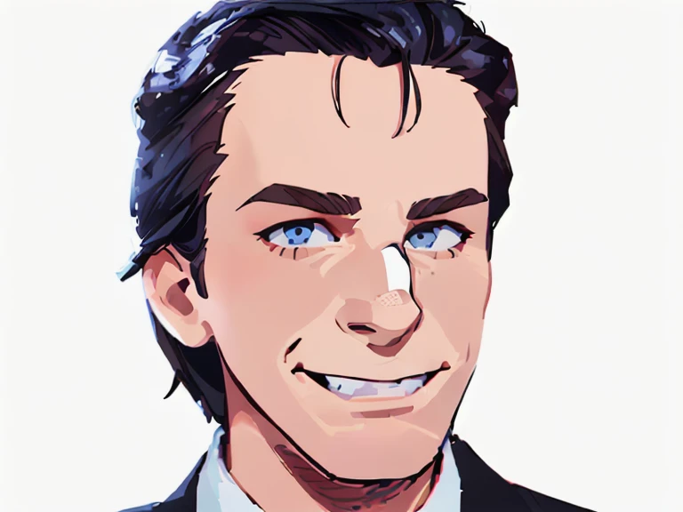 t-shirt designer, stylized modern vector art, (white background), vector, design, (a close-up of a man in a suit making a face), Patrick Bateman), in American Psycho (1 9 9 9),, ,,(Christian Bale), (smug smile).(cartoon style)),.few details,colors (black and white).(sticker).
