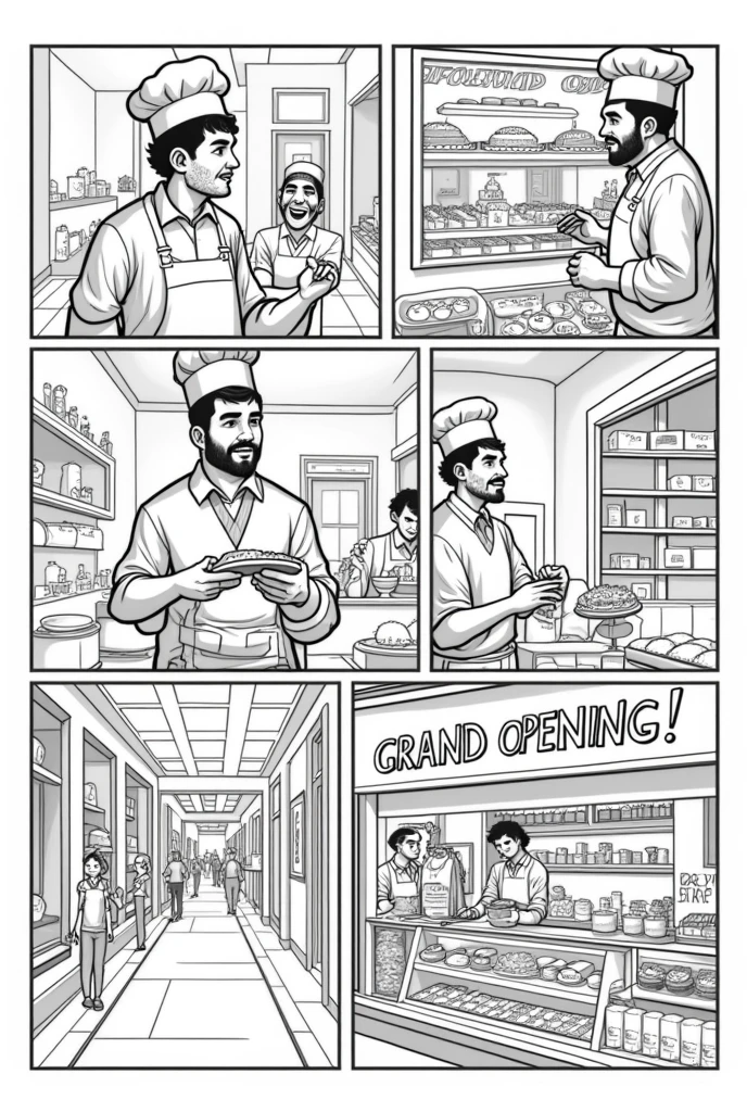 make comic panels in black and white. baker opening his business