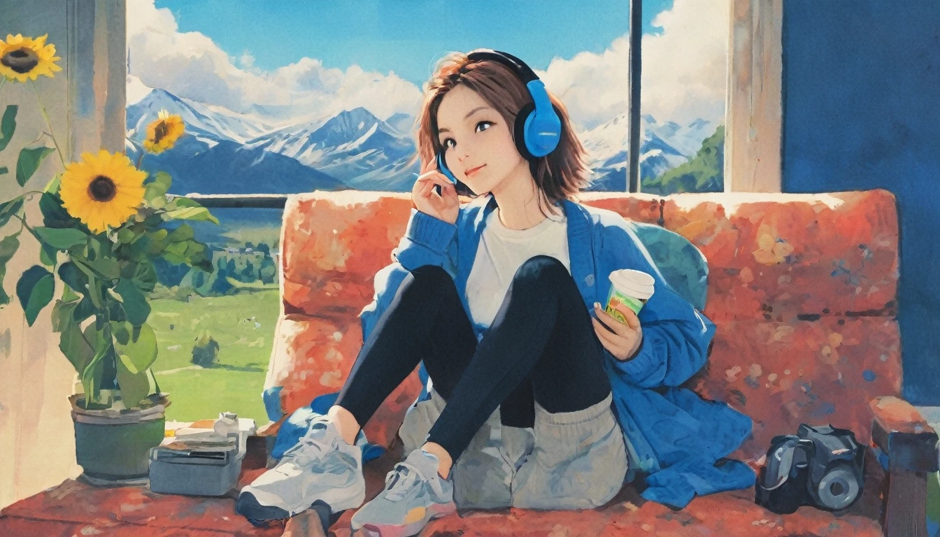 (masterpieces), (best quality), (ultra_detailed), more_details:1.5, perfect, AddNet Weight 1:1.0, Boldline,Weight 1:1.0, masterpiece, best quality, high res, alone, lofi girl, lofi artstyle, lofi art, city, town, Anime Girl, woman sitting on a couch with headphones on and holding a cup, listening to music, listening to godly music, listening to music at 2 am, vibing to music, with headphones, relaxing mood, early morning mood, high quality stock picture, photograph taken in 2 0 2 0, with head phones, girl wearing headphones, the girl on a windowsill, Better hand, better finger, extreme fisheye lens, heterochromia, multicolored eyes, split-color hair, Soft hair, flower, outdoors, sky, day, cloud, tree, blue sky, grass, plant, nature, scenery, stairs, sunflower