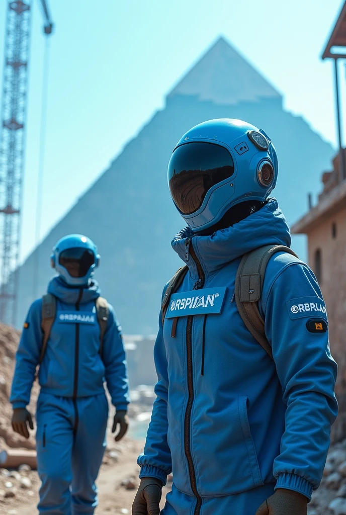 Create an image of the pyramids of Egypt under construction, where workers are extraterrestrials (ETs) using Personal Protective Equipment (epis) in blue color. The ETs are wearing blue helmets with the inscription 'URBPLAN' in white. The pyramids must be partially constructed, with blocks being positioned and construction tools scattered around. The scene must be set with predominant blue tones, giving a surreal and futuristic aspect, blending the ancient with the modern