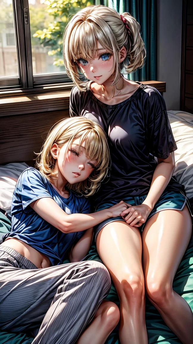 Two young 18 year old girls lying on the bed in the bedroom.
"A girl has white hair and blue eyes. Wears pajamas with a gray top and gray short shorts."
"The other girl has yellow hair and green eyes.. Wears pajamas with a gray shirt and gray pants."
They are lying side by side, with relaxed and sleepy expressions. The room has a modern atmosphere, with soft lighting.