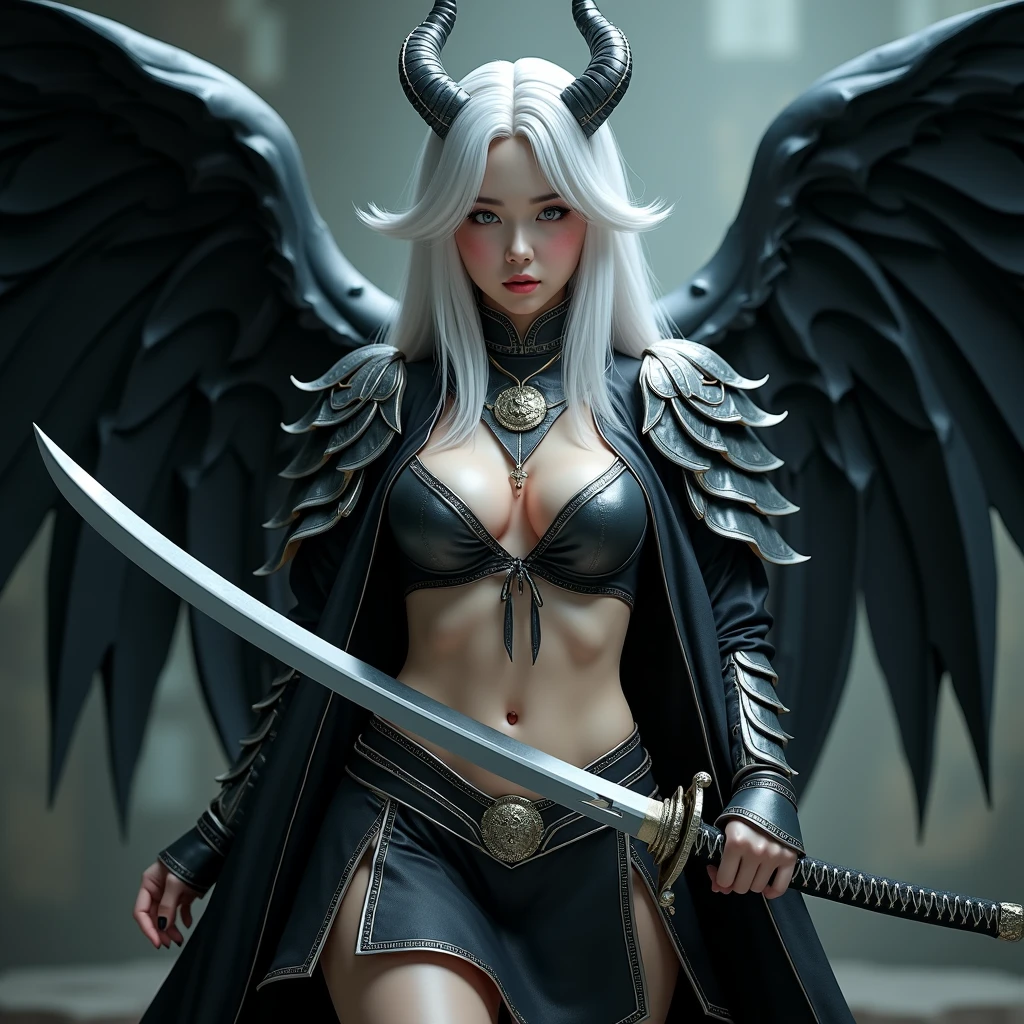 1fullbodyimage of a extremely cute Japanese young woman with albino skin and flowing hair, wide hips, well rounded legs, in a black and silver miniskirt outfit with black wings wielding a katana, Beautiful round breasts, Glossy lips, Perfect abs, (Perspectiveal), Tight waist, Inner seam, hourglass body shape, navel, Blush, Voluptuous, huge breasts, tight top, beautiful dark angel girl, warrior angel, villainess has black angel wings, angel knight gothic girl, angel in glossy metallic black and silver armor, crown in armour, stuning fantasy 3 d render, angel knight girl, cinematic volumetric lighting, ultra realistic, shot with Sony Fx6, (Glossy albino skin: 0.8), (Masterpiece: 1.4), (Best quality: 1.4), Natural(Big:1.25), Glossy lips, Perfect abs, (Perspectiveal), Tight waist, Inner seam, hourglass body shape, navel, Blush, Voluptuous, huge breasts, tight top, cinematic volumetric lighting